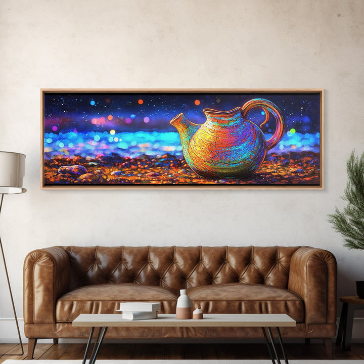 Iridescent Ceramic Pitcher Under Starry Lights Framed Canvas Print, Colorful Kitchen Wall Art, Modern Home Decor, Unique Gift