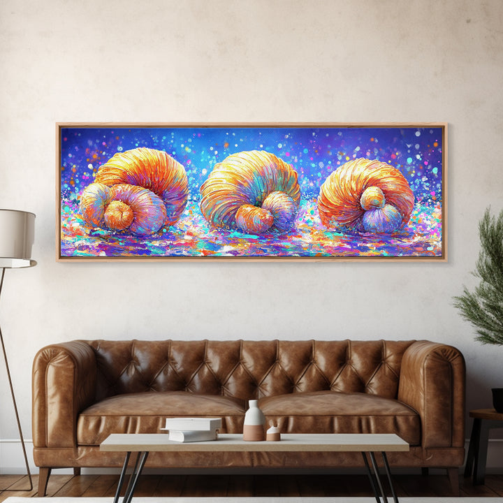 Three Radiant Seashells In Confetti Light Canvas Print, Coastal Wall Art, Beach House Decor, Nautical Bathroom Wall Decor