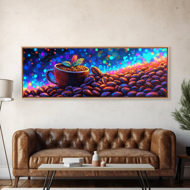Coffee Beans And Sprout In Glowing Cup Canvas Print, Coffee Bar Wall Art, Modern Kitchen Decor, Gift For Coffee Lover Home Decor