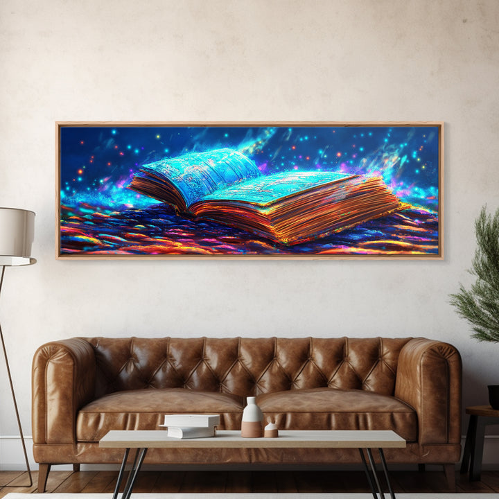 Glowing Open Book With Magical Blue Light Wall Art, Fantasy Library Canvas Print, Book Lover Decor, Dark Academia Gift For Readers