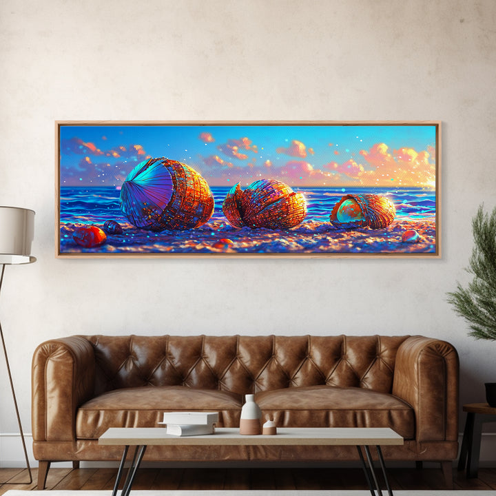 Rainbow Seashells On Sunny Beach Canvas Print, Coastal Wall Art, Ocean Decor, Beach House Nautical Living Room Decor Gift For Her