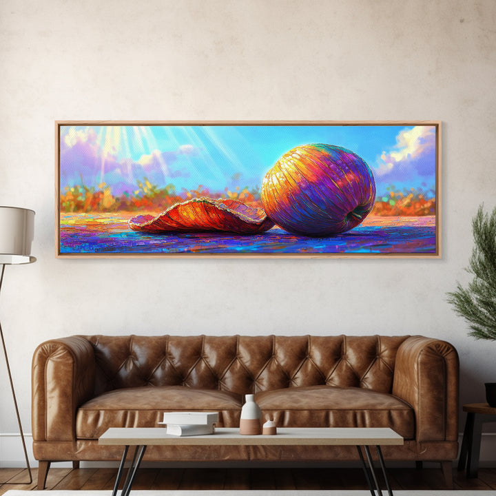 Sunlit Rainbow Seashell And Orange Shell Canvas Print, Coastal Beach Wall Art, Tropical Ocean Decor, Bright Gift For Her