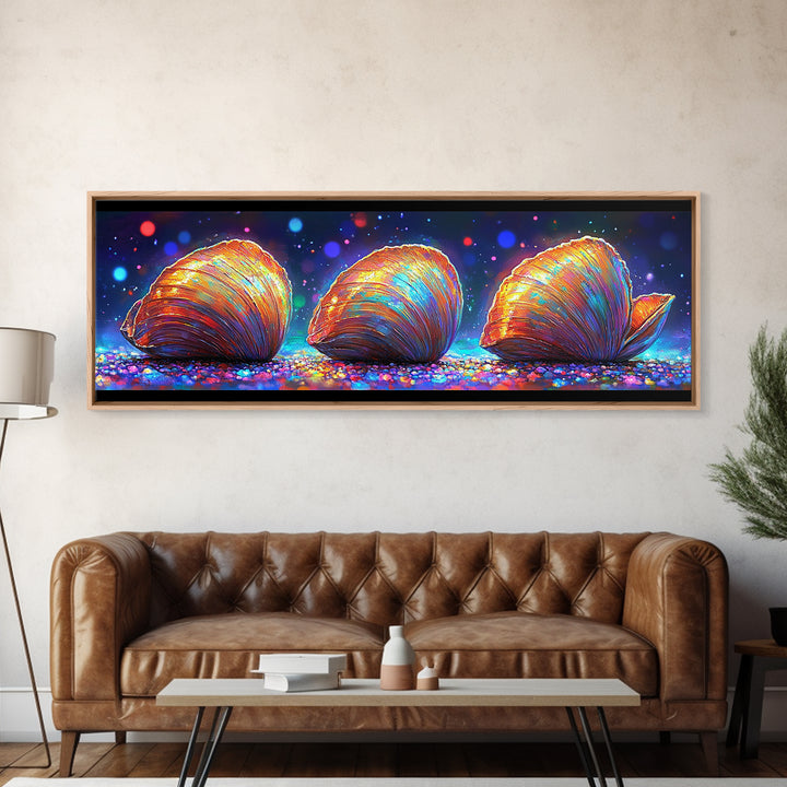 Three Glowing Seashells Canvas Print, Coastal Wall Art, Ocean Bathroom Decor, Beach House Gift, Colorful Nautical Art Print