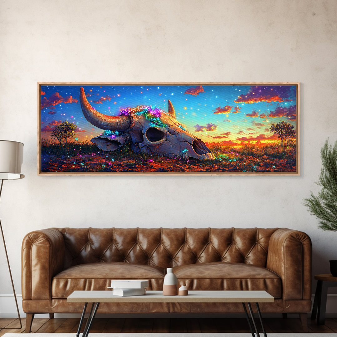 Flower Covered Longhorn Skull Canvas Print, Western Wall Art, Rustic Desert Decor, Southwestern Cowgirl Ranch Housewarming Gift