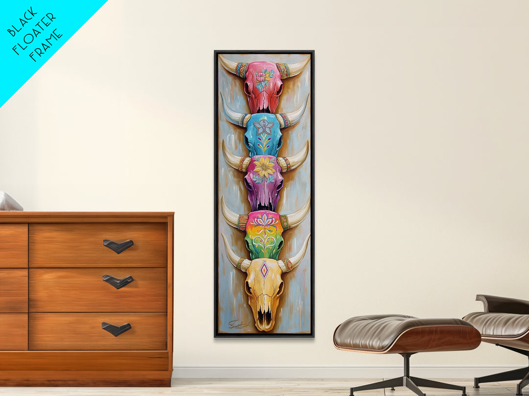 Stacked Painted Longhorn Skulls Wall Art, Southwestern Western Decor, Cowgirl Framed Canvas Print, Boho Ranch Home Decor