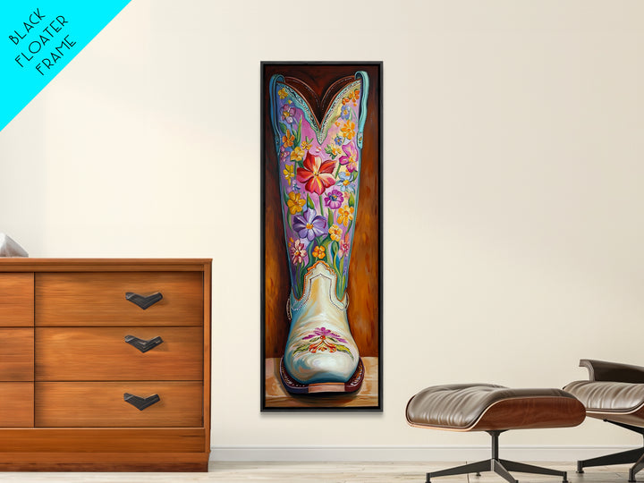 Turquoise Floral Cowboy Boot Framed Canvas Print, Western Cowgirl Wall Art, Boho Rodeo Decor, Southwestern Living Room Art
