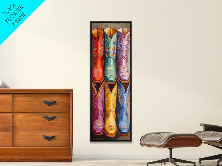 Bright Embroidered Western Boots Framed Canvas Print, Cowgirl Wall Art, Rodeo Decor, Boho Farmhouse Living Room Home Decor Gift