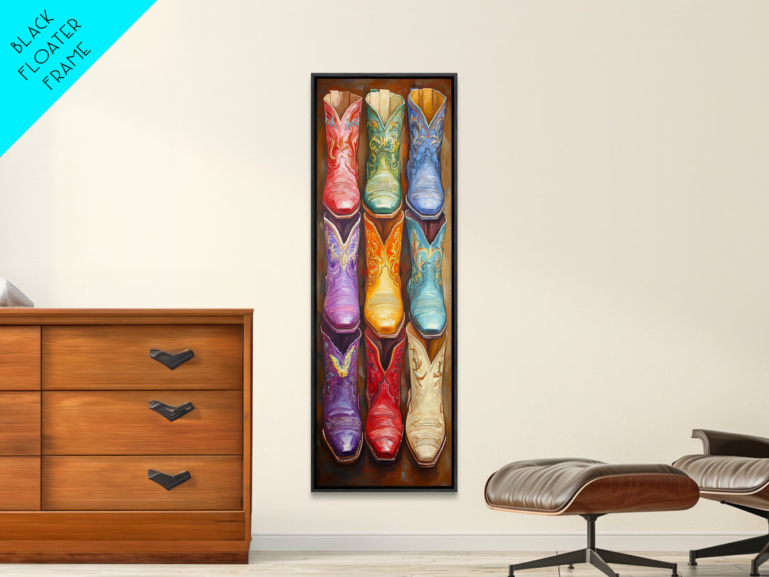 Vivid Embroidered Western Boots Framed Canvas Print, Cowgirl Wall Art, Southwestern Decor, Rustic Wall Decor, Gift For Her