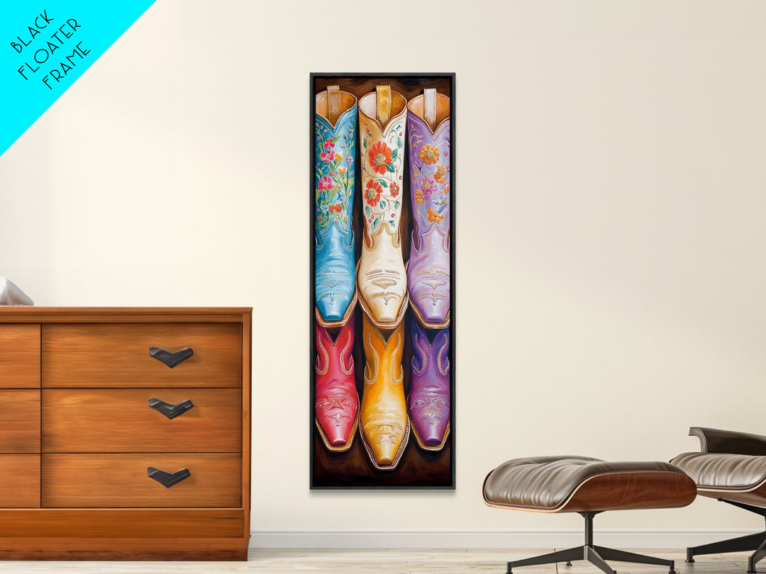 Blue White And Purple Floral Cowboy Boots Canvas Print, Western Cowgirl Wall Art, Rustic Ranch Decor, Living Room Housewarming Gift