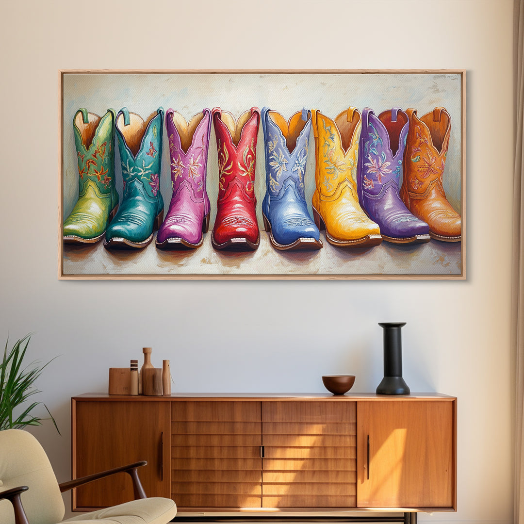 Bright Embroidered Cowboy Boots Wall Art, Western Cowgirl Canvas Print For Boho Bedroom Decor And Rustic Ranch Home Decor