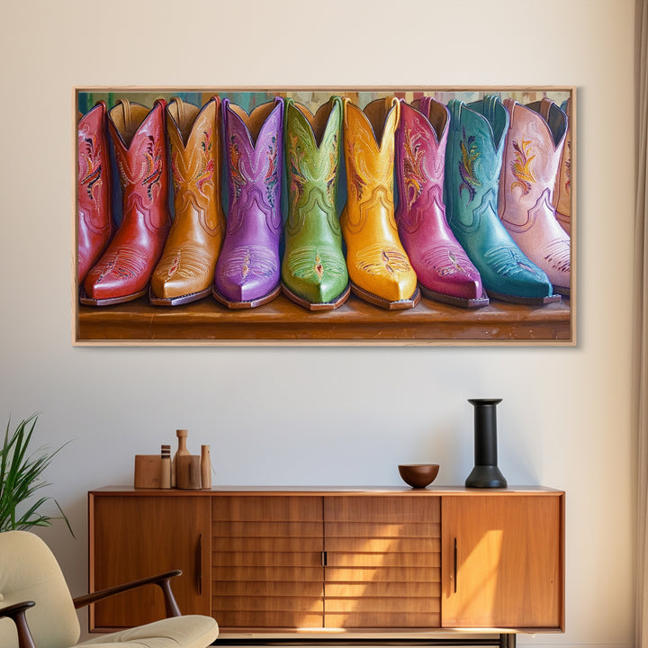 Bright Leather Cowgirl Boots With Floral Stitching Wall Art, Western Decor, Boho Wall Art Print, Rustic Farmhouse Gift For Her