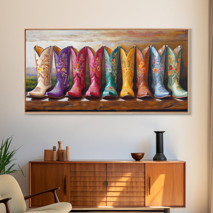 Tall Floral Cowboy Boots Framed Canvas Print, Western Wall Art, Cowgirl Room Decor, Rodeo Gift, Rustic Farmhouse Decor, Above Sofa Art
