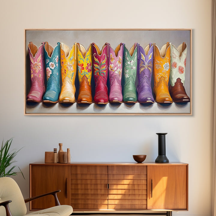Floral Embroidered Western Boots Framed Canvas Print, Cowgirl Wall Art, Rodeo Room Decor, Rustic Ranch Gift, Boho Decor, Home Decor