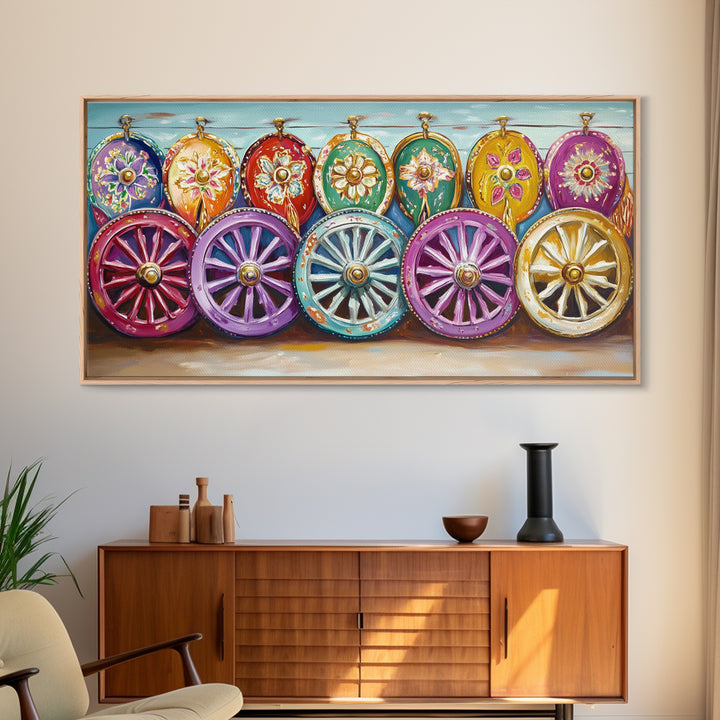 Ornate Painted Wagon Wheels Framed Canvas Print, Southwestern Wall Art, Ranch Decor, Cowgirl Room Decor, Rustic Gift, Home Decor