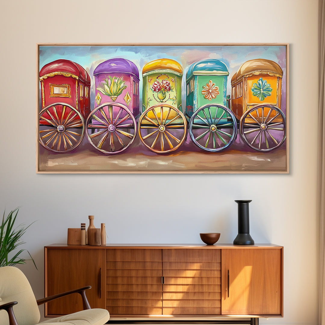 Vibrant Painted Traveling Wagons Wall Art, Western Canvas Print, Boho Ranch Decor, Colorful Nursery Art, Housewarming Gift