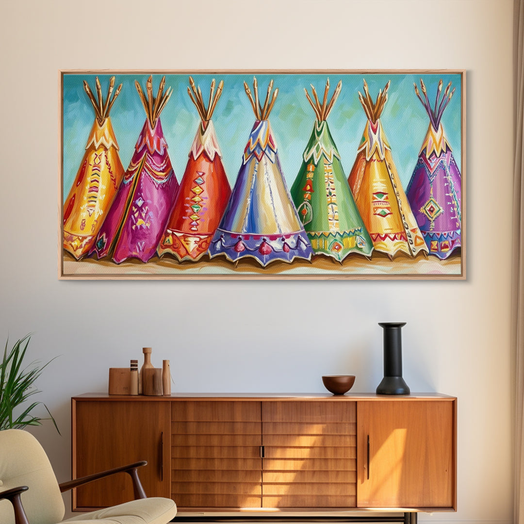 Colorful Painted Teepees Wall Art, Southwestern Nursery Decor, Native Inspired Western Canvas, Boho Kids Room Housewarming Gift