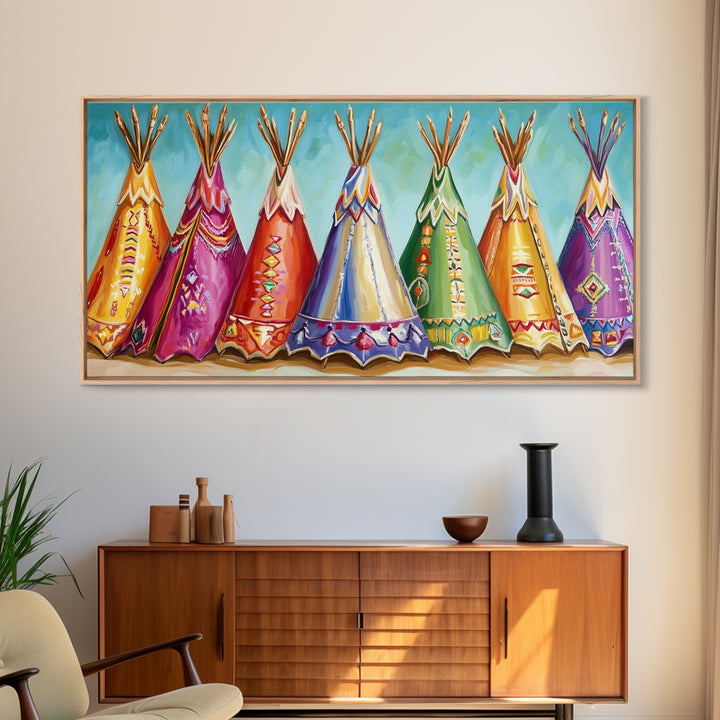 Colorful Painted Teepees Wall Art, Southwestern Nursery Decor, Native Inspired Western Canvas, Boho Kids Room Housewarming Gift
