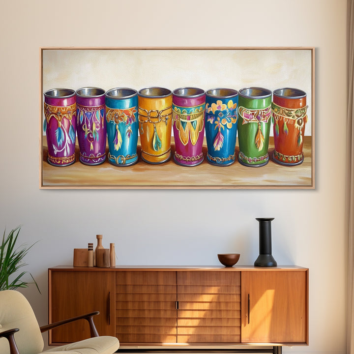 Boho Southwestern Painted Tin Cups Wall Art, Colorful Western Kitchen Decor, Rustic Ranch Canvas Art, Unique Housewarming Gift