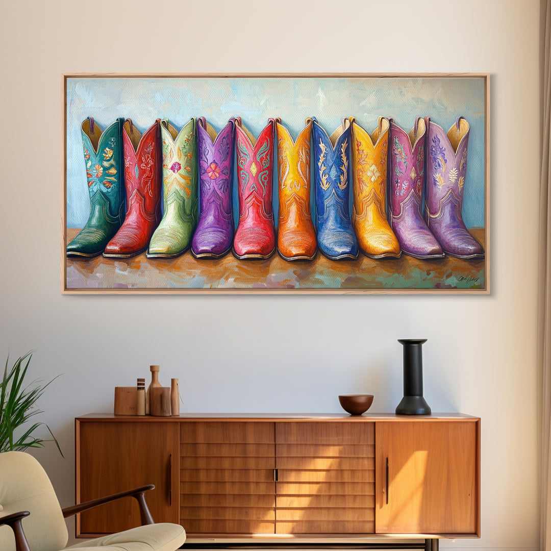 Colorful Row Of Western Cowgirl Boots Canvas Print, Embroidered Cowboy Wall Decor, Boho Ranch Living Room Housewarming Gift