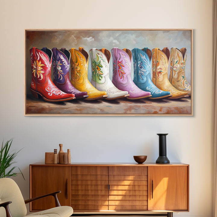 Glossy Colorful Cowgirl Boots Wall Art, Western Home Decor, Rustic Farmhouse Canvas Print, Statement Living Room Art Gift