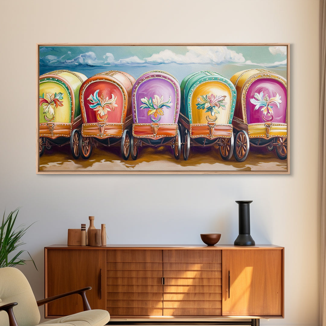 Colorful Painted Gypsy Wagon Framed Canvas Print, Western Wall Art, Boho Cowgirl Decor, Rustic Farmhouse Living Room Gift