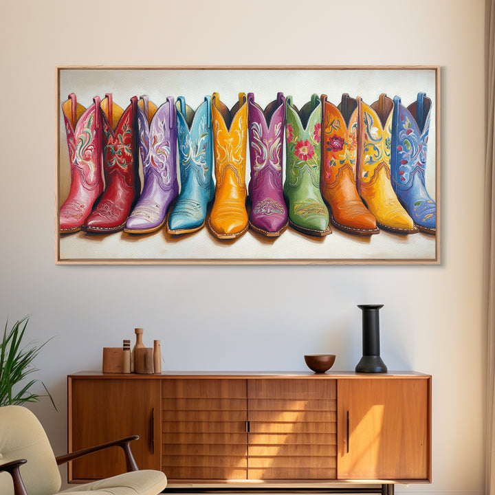 Vibrant Embroidered Cowboy Boots Wall Art, Western Cowgirl Decor, Rustic Farmhouse Canvas Print, Colorful Living Room Art