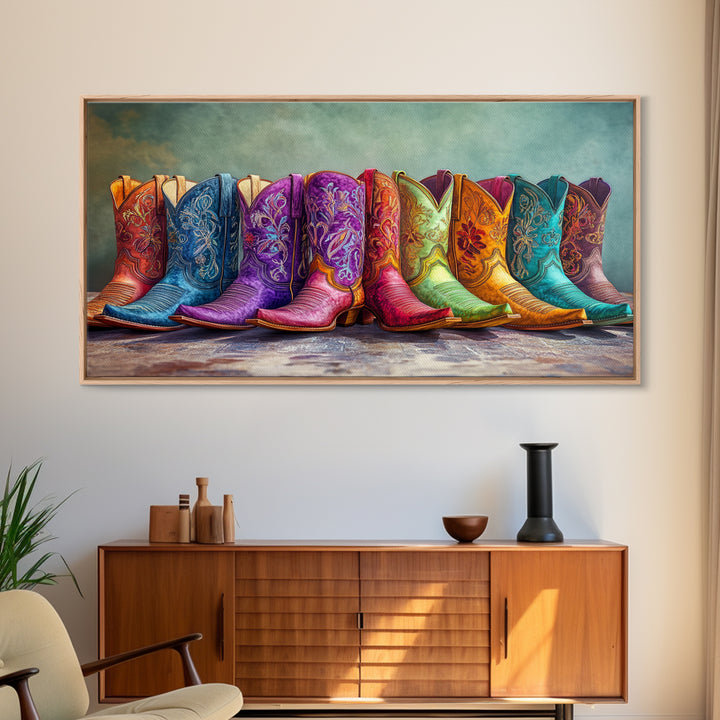 Bold Embroidered Cowboy Boots Canvas Print, Western Cowgirl Wall Art, Colorful Rustic Farmhouse Decor, Statement Living Room Art