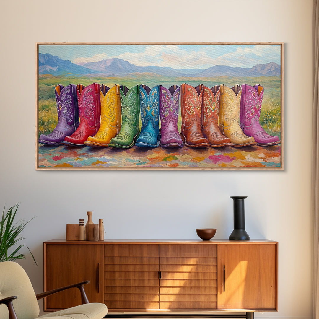 Rainbow Cowboy Boots With Mountain Meadow View Framed Canvas Print, Western Landscape Wall Art, Rustic Farmhouse Decor Gift