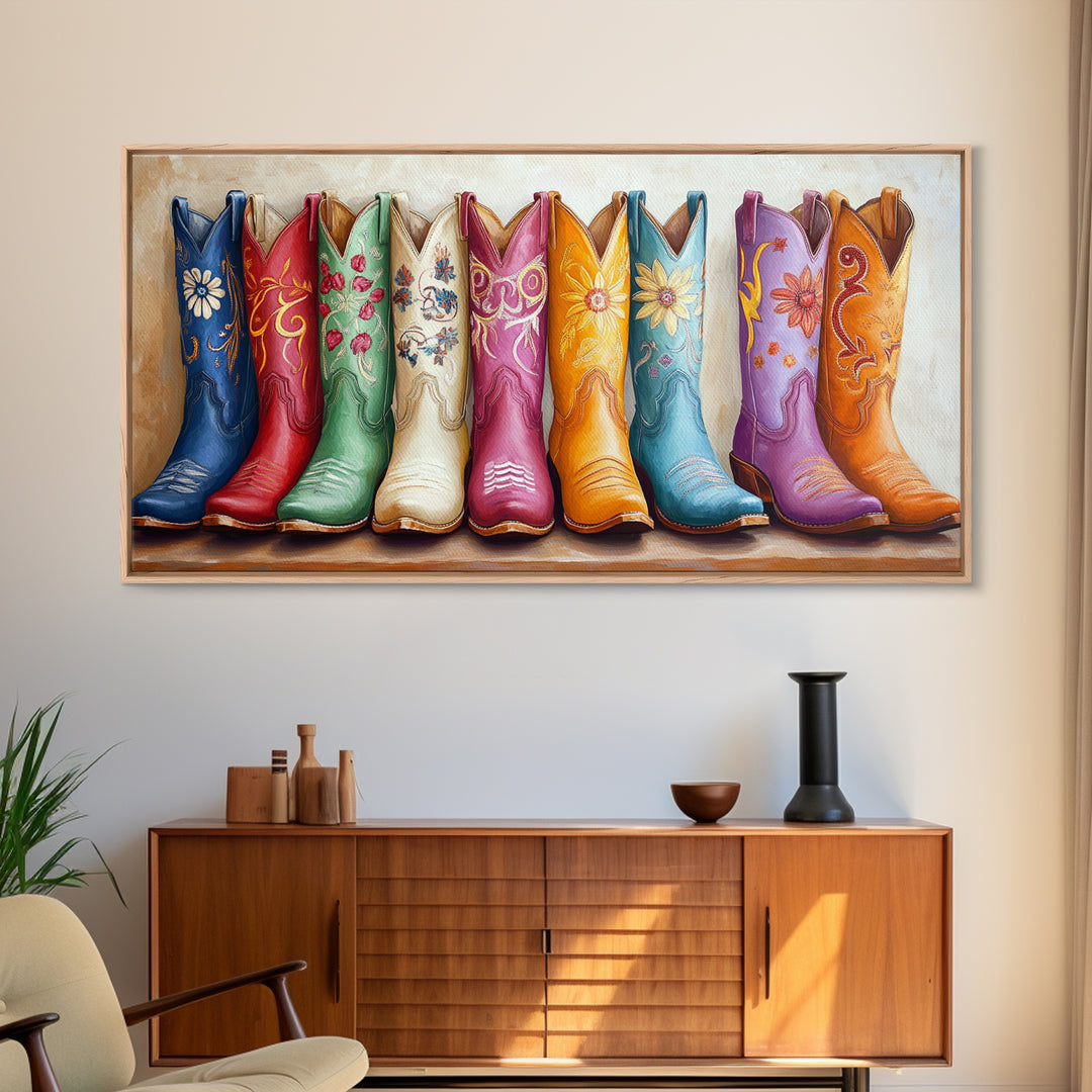 Vibrant Floral Cowgirl Boots In Blue Red Green And Orange Canvas Print, Western Wall Art, Boho Farmhouse Decor Gift For Her