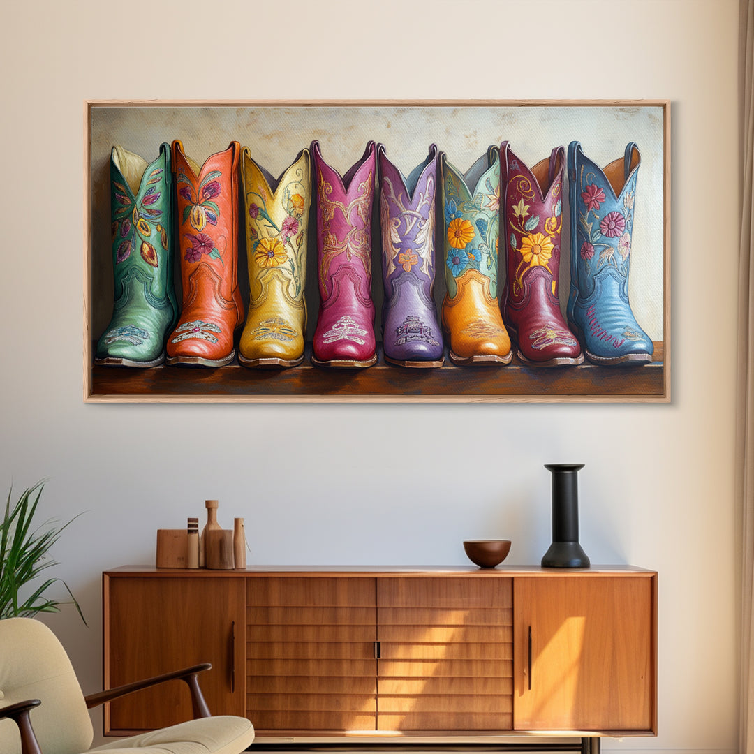 Pastel Floral Western Boots With Golden Embroidery Canvas Print, Cowgirl Wall Art, Boho Western Decor, Girls Room Decor Gift