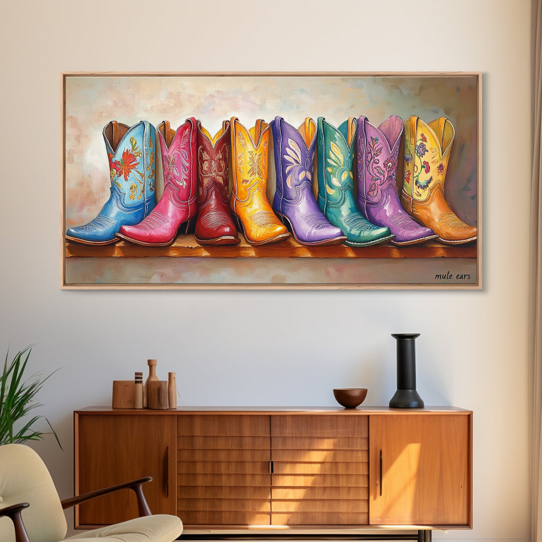 Playful Floral Cowgirl Boots In Pink Blue Orange Canvas Print, Western Wall Art, Boho Cowgirl Decor, Gift For Her, Living Room Decor
