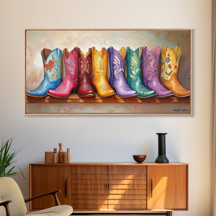 Playful Floral Cowgirl Boots In Pink Blue Orange Canvas Print, Western Wall Art, Boho Cowgirl Decor, Gift For Her, Living Room Decor