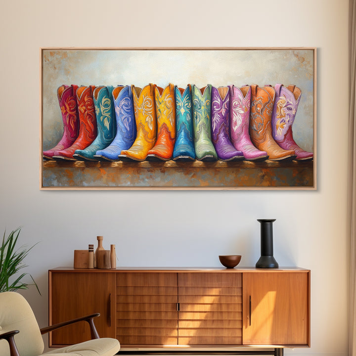 Boho Rainbow Western Boots On Rustic Ledge Framed Canvas Print, Cowgirl Wall Art, Colorful Wall Decor, Housewarming Gift