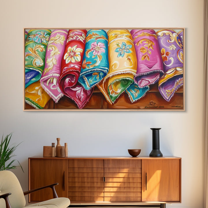 Rolled Embroidered Western Blankets Canvas Print, Colorful Cowgirl Wall Decor, Boho Ranch Living Room Art, Housewarming Gift