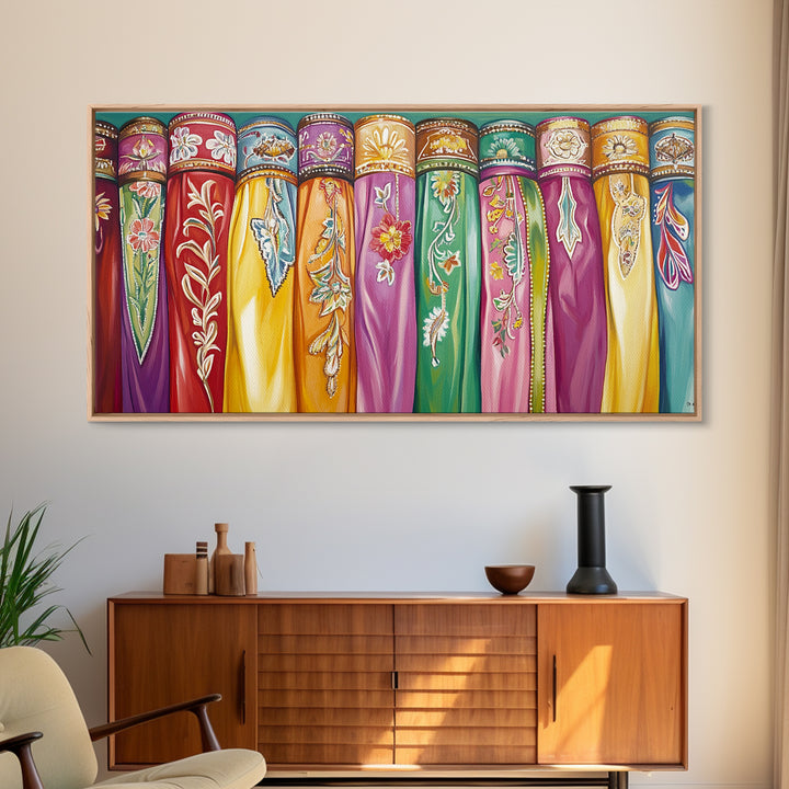 Vibrant Embroidered Textile Wall Art, Boho Western Scarf Canvas Print, Maximalist Decor, Cowgirl Home Decor For Living Room