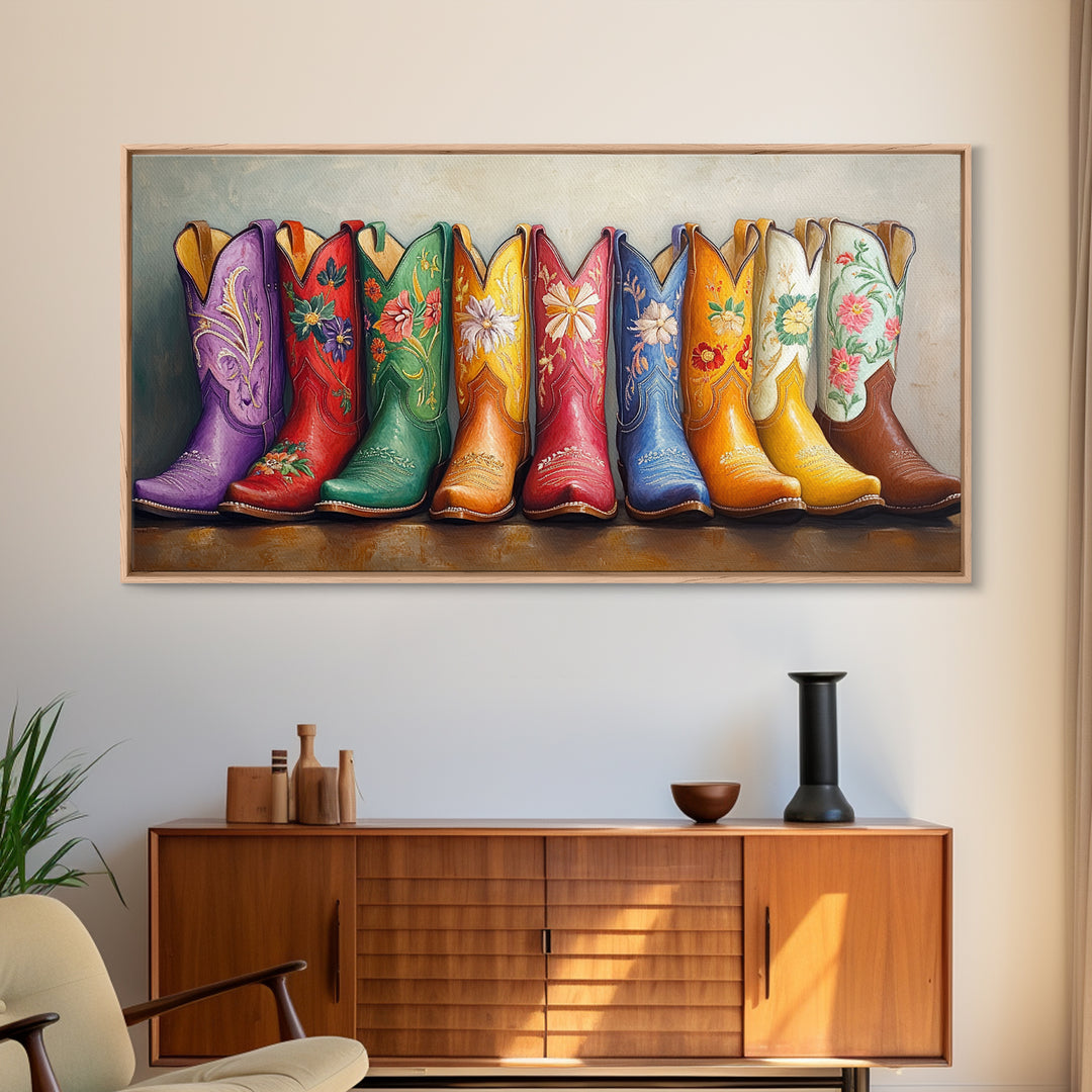 Bright Embroidered Western Boots Framed Canvas Print, Cowgirl Wall Art, Rustic Ranch Decor, Colorful Country Housewarming Gift