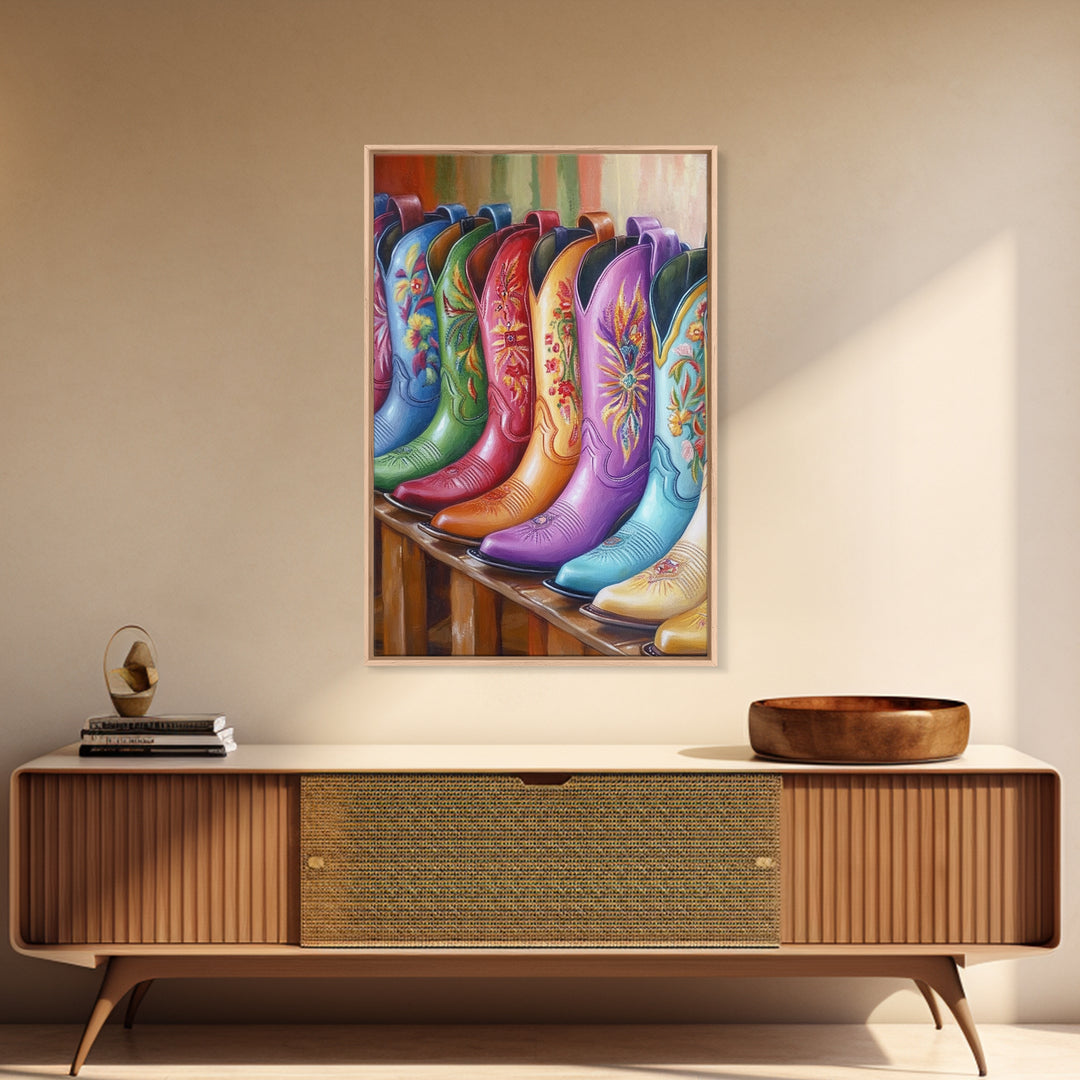 Bright Embroidered Cowboy Boots Wall Art, Western Cowgirl Canvas Print, Colorful Living Room Decor, Rustic Bedroom Wall Art