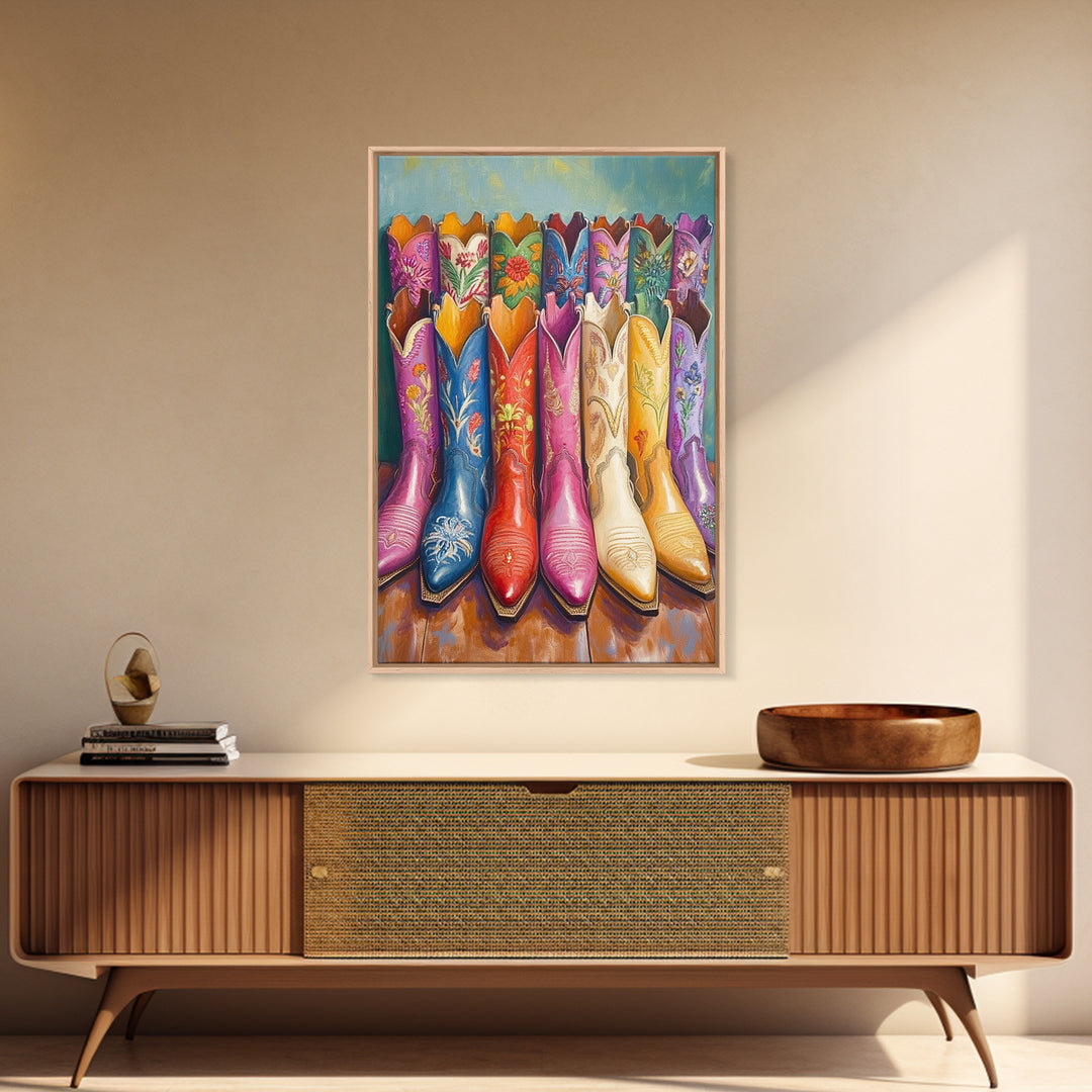 Front Facing Pink Blue Red And Cream Cowgirl Boots Framed Canvas Print, Western Wall Art, Maximalist Decor, Gift For Her