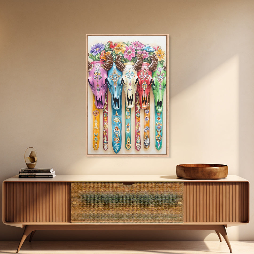 Floral Painted Cow Skulls Canvas Print, Western Wall Art, Southwestern Decor, Cowgirl Art, Boho Wall Decor, Gift For Her