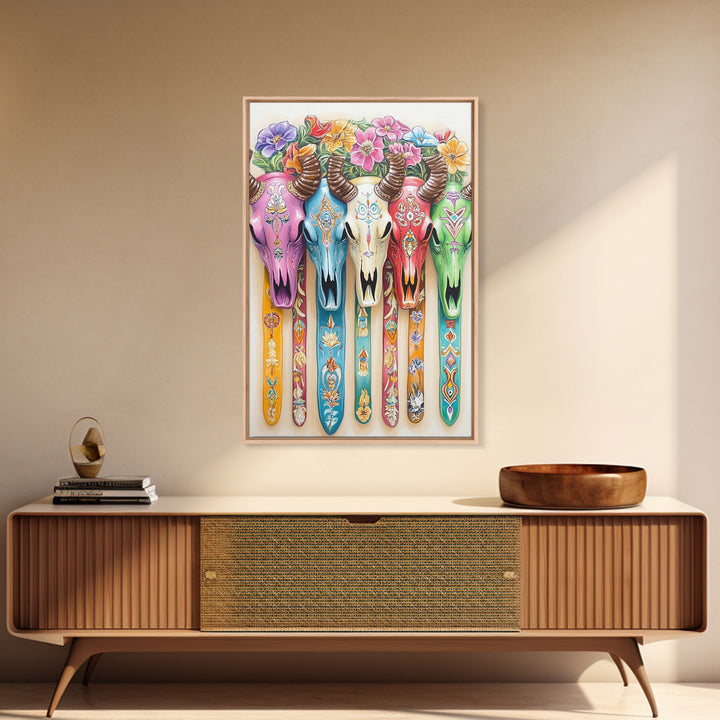 Floral Painted Cow Skulls Canvas Print, Western Wall Art, Southwestern Decor, Cowgirl Art, Boho Wall Decor, Gift For Her
