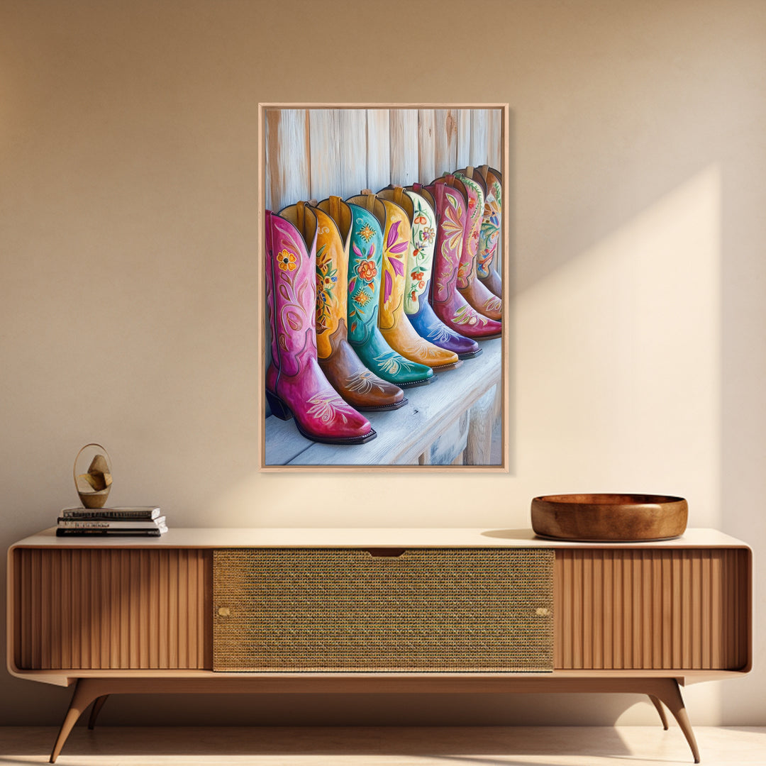Rustic Row Of Painted Cowgirl Boots Wall Art, Western Floral Canvas Print, Southwestern Ranch Decor, Housewarming Gift For Her