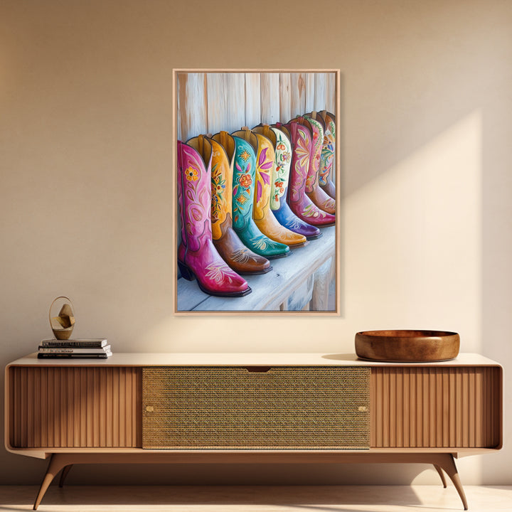 Rustic Row Of Painted Cowgirl Boots Wall Art, Western Floral Canvas Print, Southwestern Ranch Decor, Housewarming Gift For Her