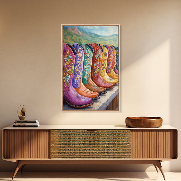 Floral Cowboy Boots With Mountain View Wall Art, Western Landscape Painting, Cowgirl Decor, Rustic Farmhouse Canvas Print