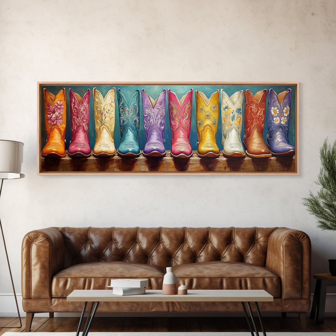Vibrant Floral Cowgirl Boots Wall Art, Western Wall Decor, Maximalist Canvas Print, Boho Home Decor, Trendy Gift For Her