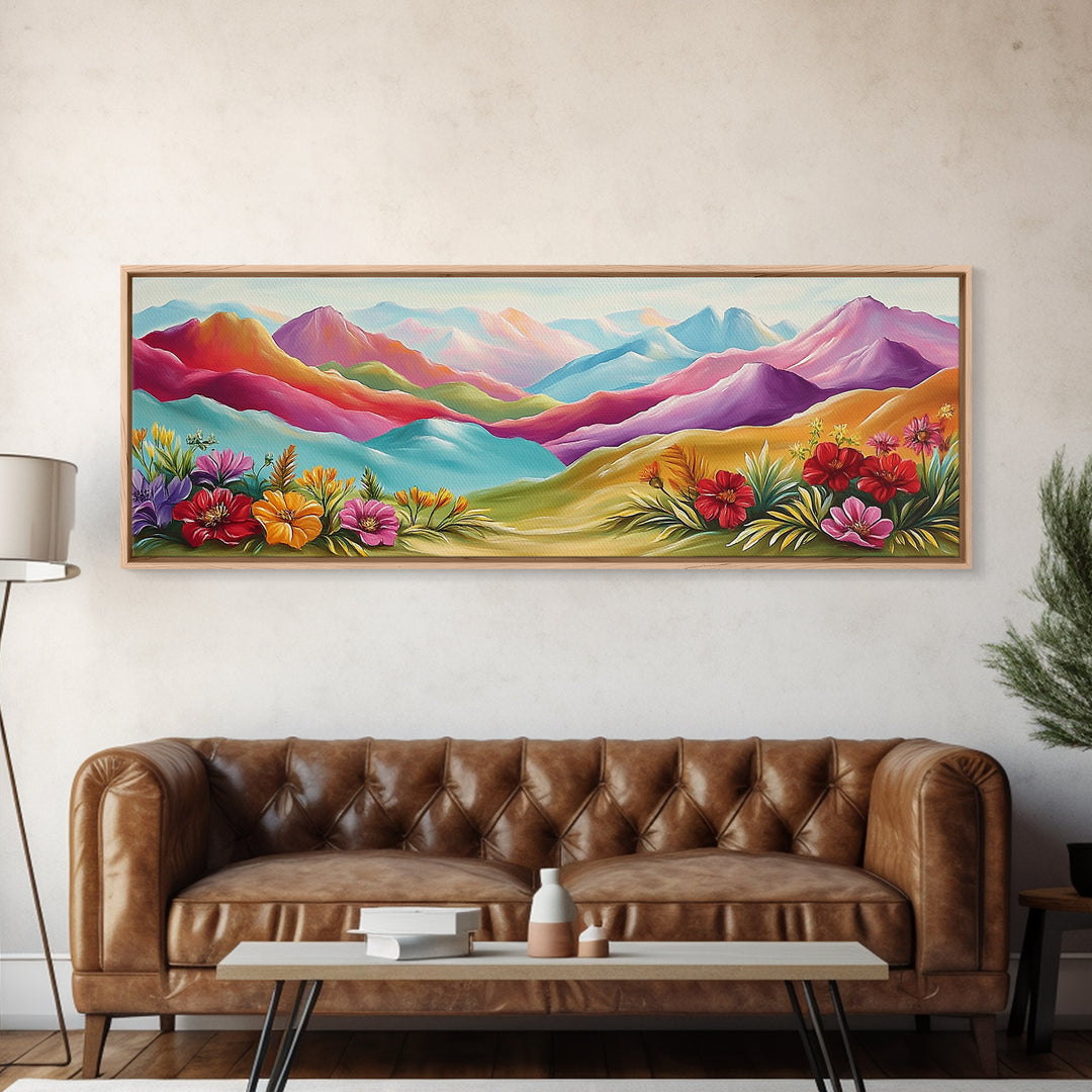 Vibrant Rainbow Mountains With Desert Flowers Wall Art, Abstract Landscape, Colorful Wall Art, Southwestern Decor, Large Canvas Print