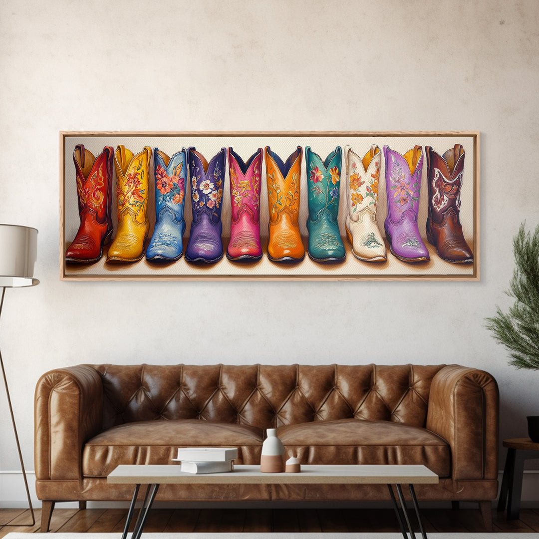 Bright Floral Cowboy Boots Framed Canvas Print, Western Wall Art, Cowgirl Decor, Ranch Housewarming Gift For Her, Living Room Decor
