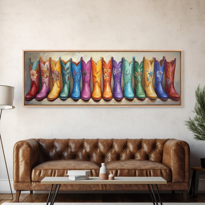 Rainbow Embroidered Cowboy Boots Wall Art, Western Decor, Cowgirl Gift, Rustic Farmhouse Decor, Long Horizontal Art Print
