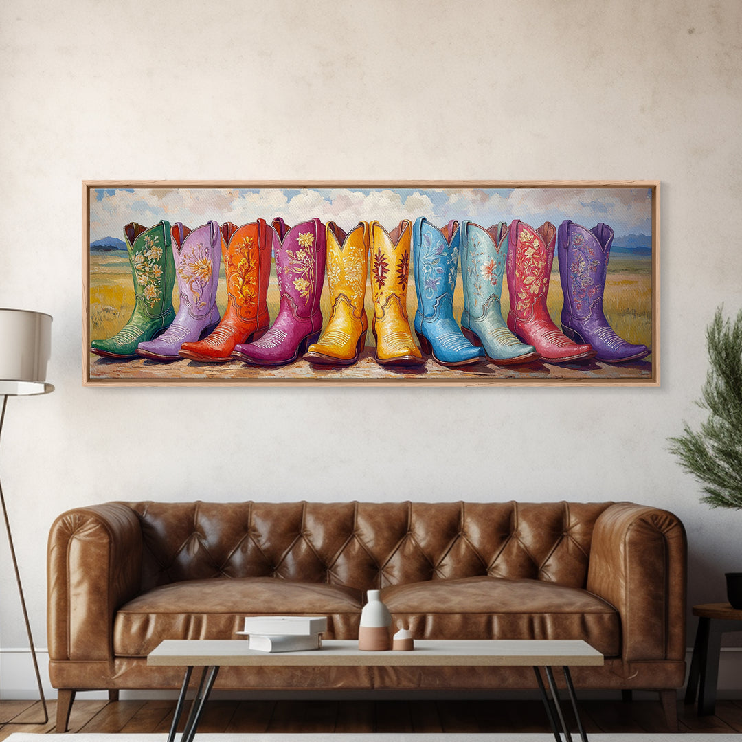Colorful Cowboy Boots In Prairie Landscape Wall Art, Western Cowgirl Decor, Rustic Farmhouse Canvas Print, Above Sofa Art