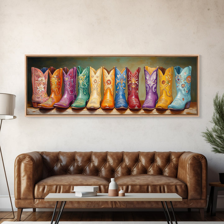 Vibrant Embroidered Cowboy Boots Wall Art, Western Cowgirl Decor, Maximalist Canvas Print, Rustic Rodeo Living Room Decor