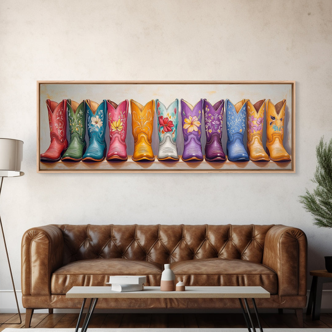 Bright Floral Cowboy Boots Painting Wall Art, Western Home Decor, Cowgirl Wall Decor, Rustic Bedroom Decor, Framed Canvas Print